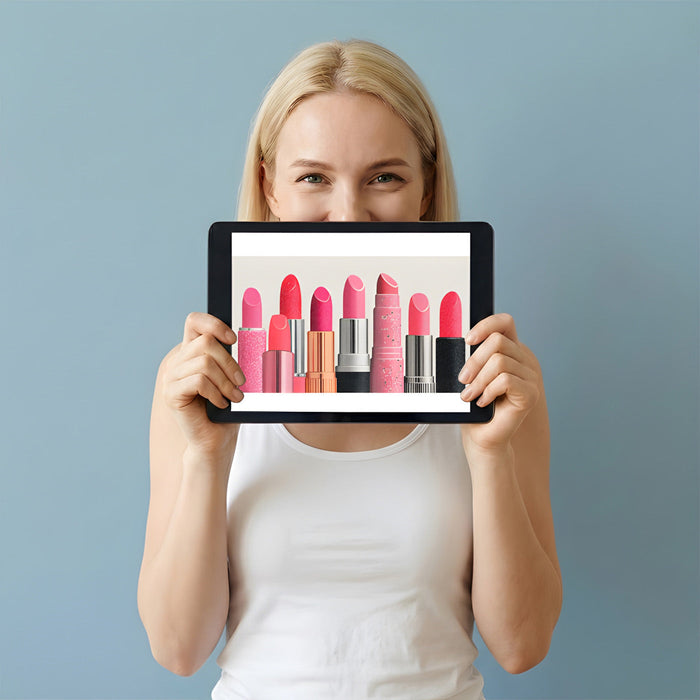 A modern studio workspace with the pop art lipstick wallpaper on the main feature wall