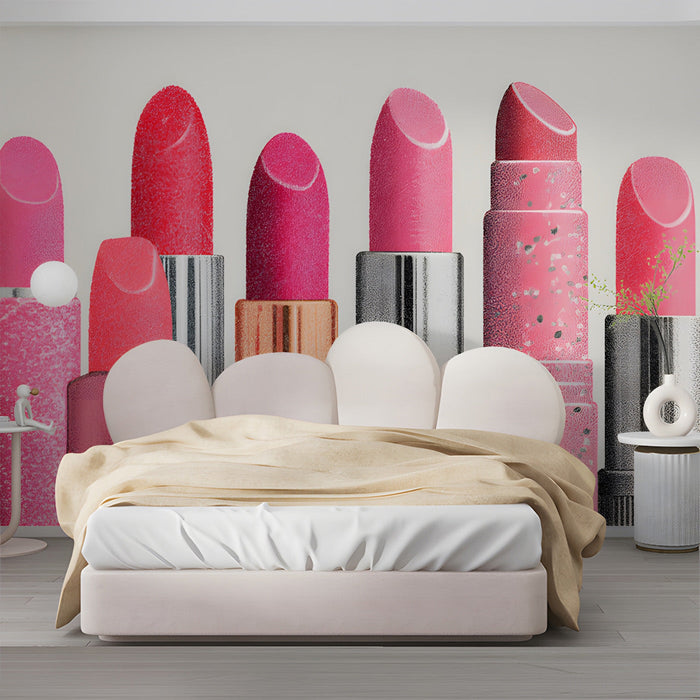 A bright and fun powder room decorated with the colorful lipstick pattern wallpaper