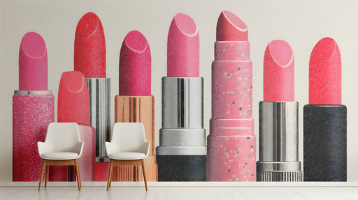 A chic dressing room interior featuring the lipstick mural as a vibrant, stylish focal point