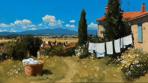 Oil painting style wallpaper featuring a Mediterranean villa, laundry line, and rolling golden hills under a bright blue sky.