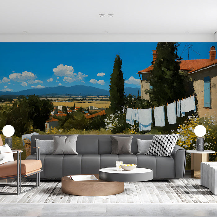 Country home mural in an entryway to provide a warm and artistic welcome to guests.