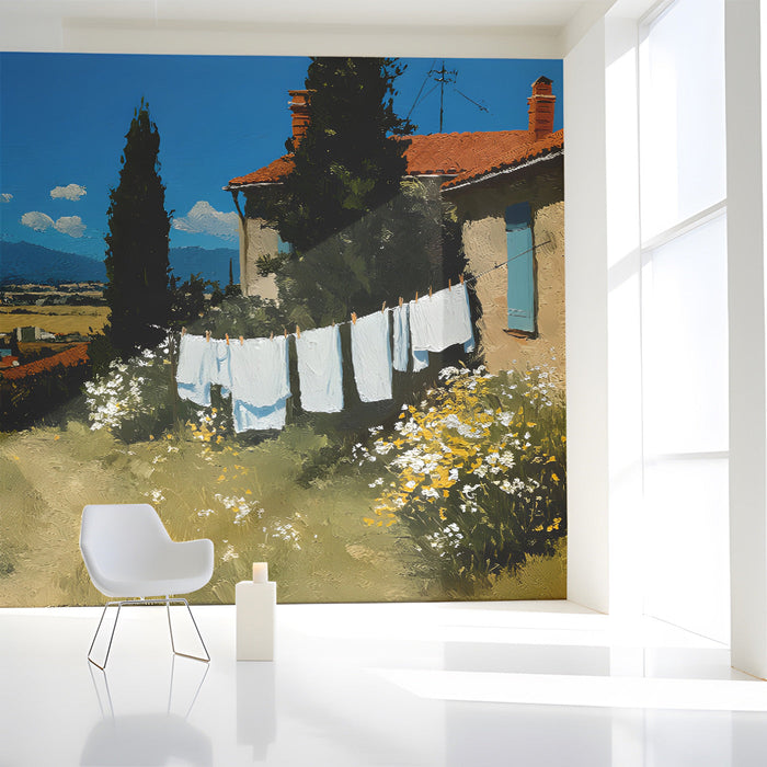 Mediterranean landscape mural installed in a light-filled dining room with rustic wooden furniture.