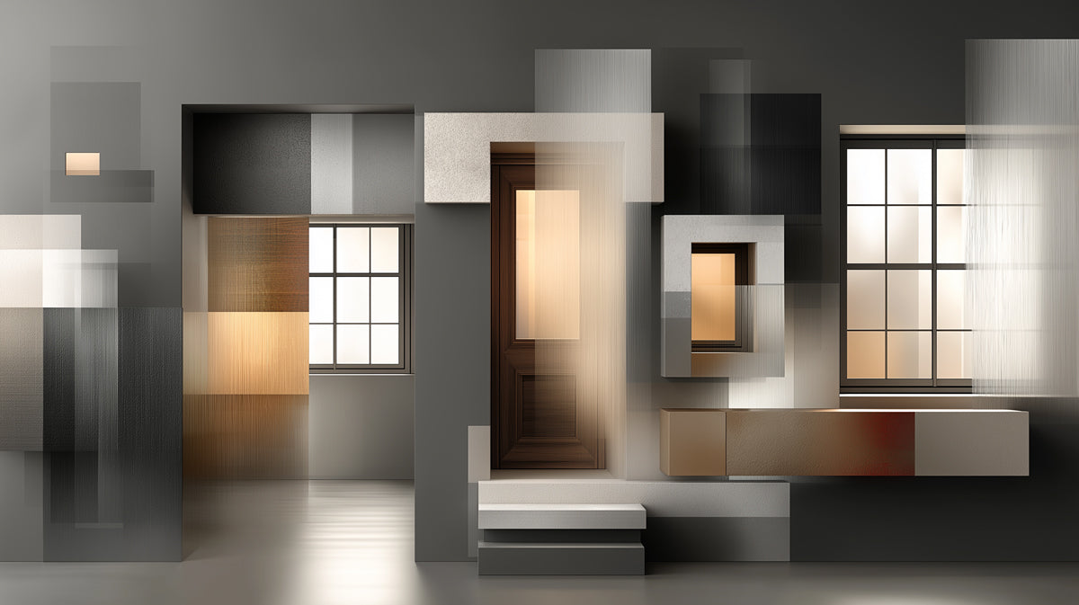 Abstract architectural wallpaper pattern with overlapping charcoal gray, amber, and white geometric blocks