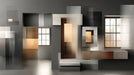 Abstract architectural wallpaper pattern with overlapping charcoal gray, amber, and white geometric blocks