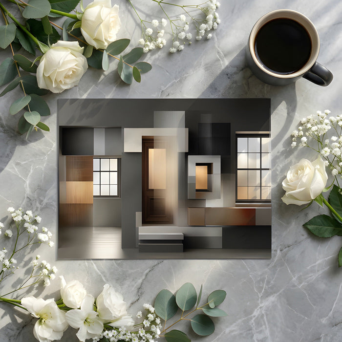 Minimalist living room featuring an abstract architectural wall mural with warm amber light accents