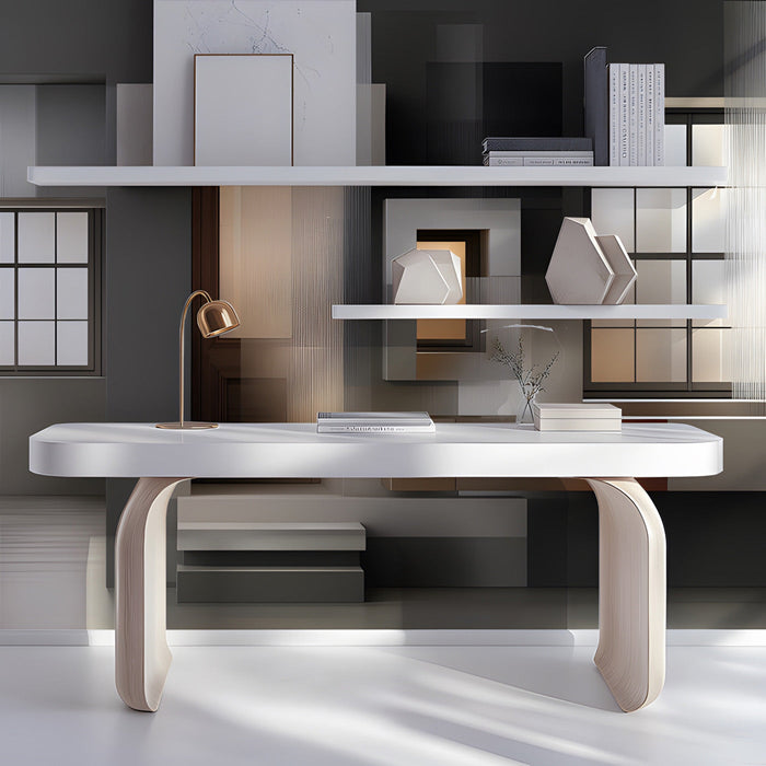 Sophisticated study room with contemporary block-style wallpaper and neutral gray color palette