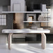 Sophisticated study room with contemporary block-style wallpaper and neutral gray color palette