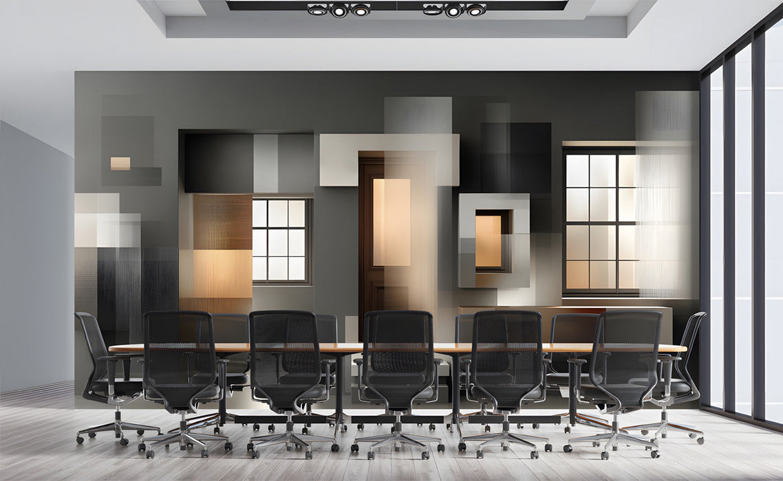 Modern office space with charcoal and amber geometric mural creating a professional backdrop