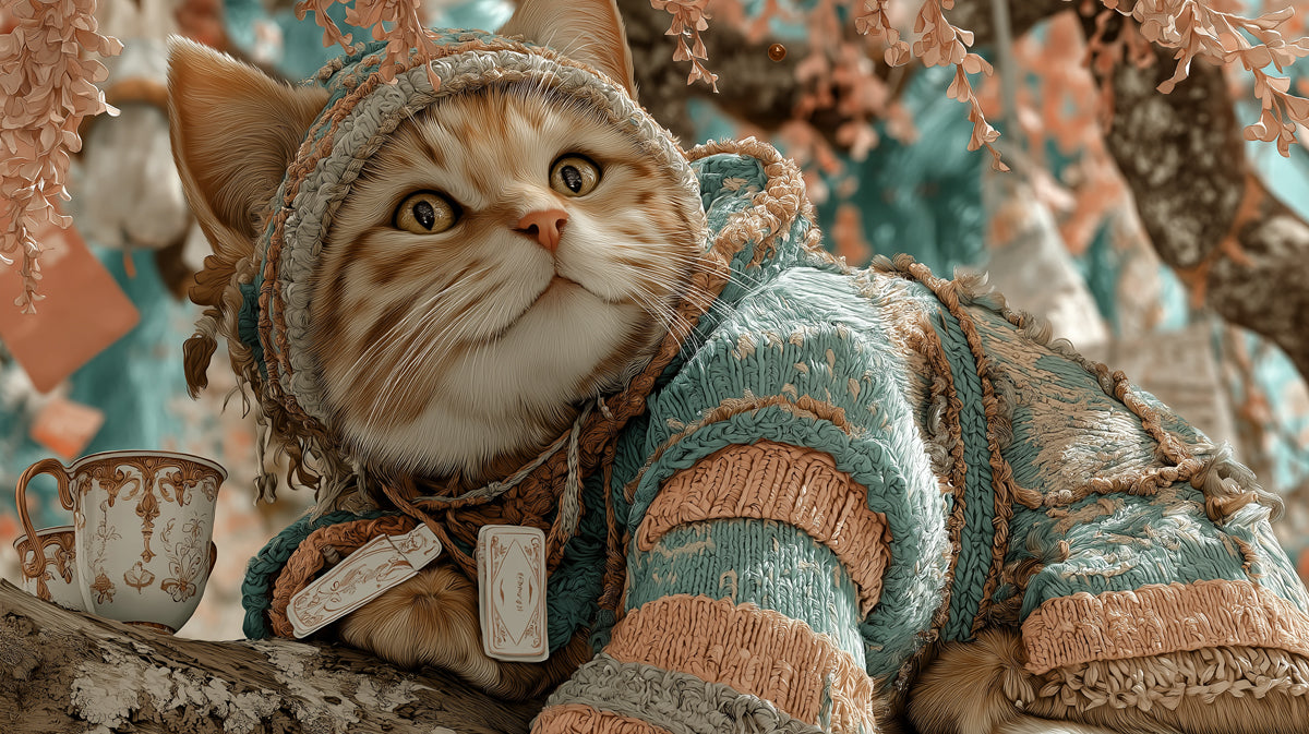 Ginger tabby kitten wearing a teal and peach knit hood, sitting on a branch with a teacup