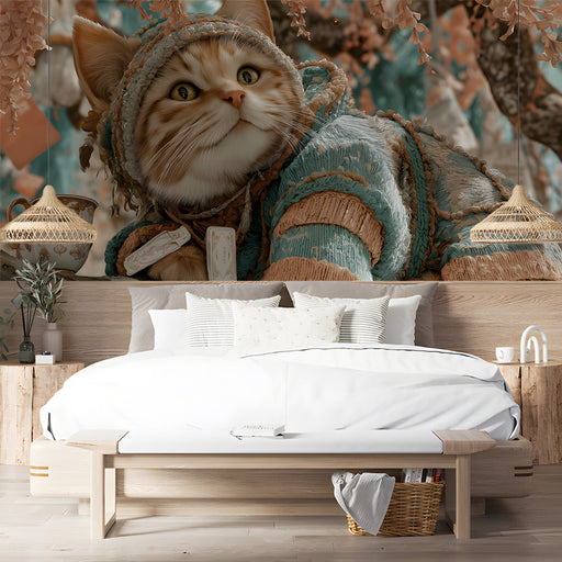 Artistic cat illustration wallpaper in a quiet home study room