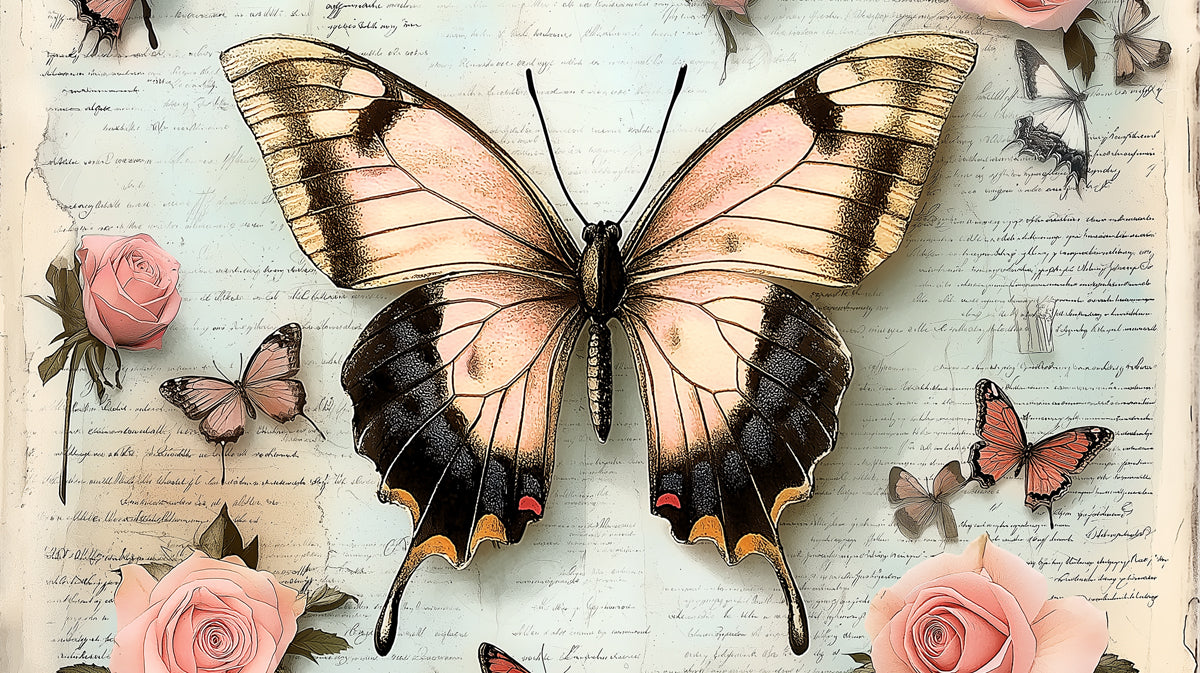 Vintage mural featuring oversized butterflies with ochre wings, dusty pink roses, and cursive script on a cream background.