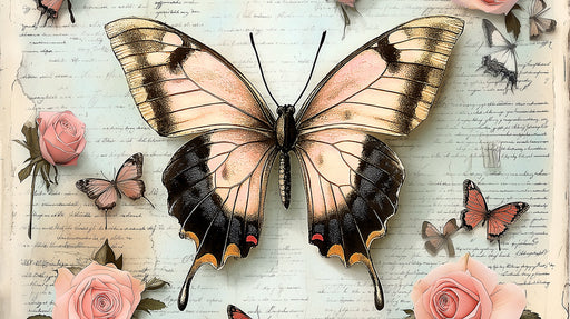 Vintage mural featuring oversized butterflies with ochre wings, dusty pink roses, and cursive script on a cream background.