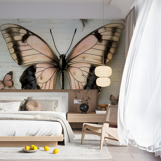 Soft-toned butterfly script mural featured on the wall of a relaxing sunroom.