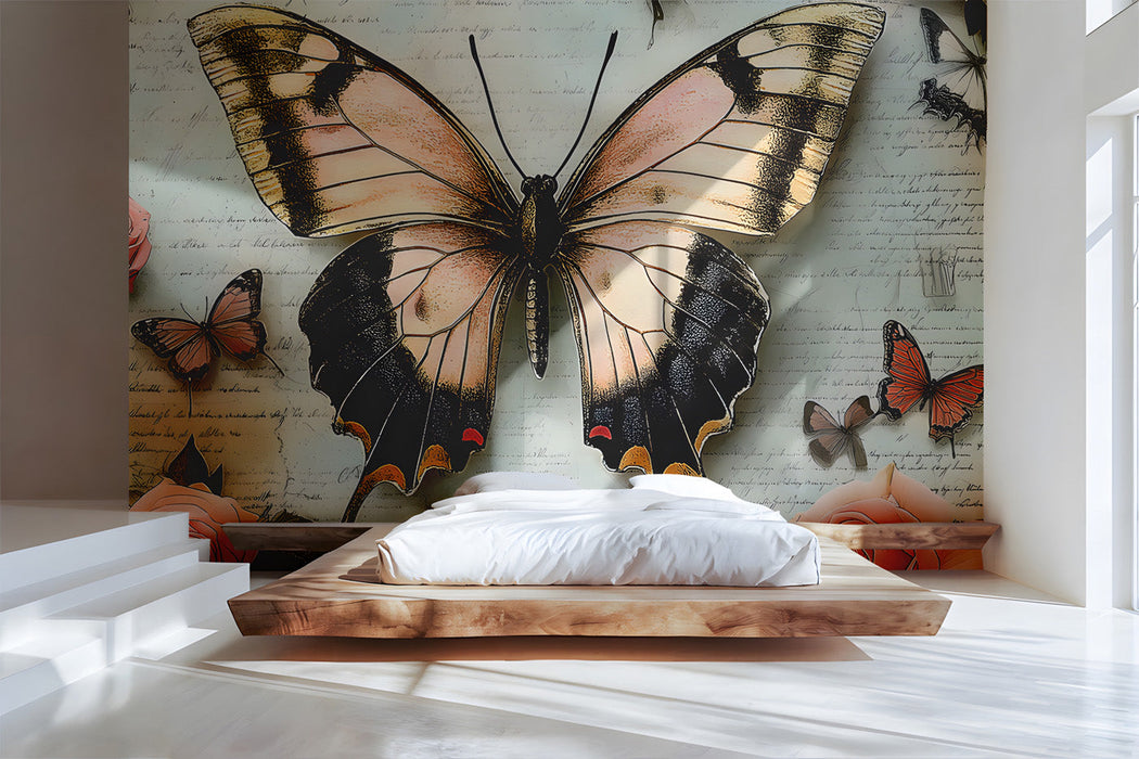 Vintage butterfly and rose mural installed in a cozy bedroom with light oak furniture.