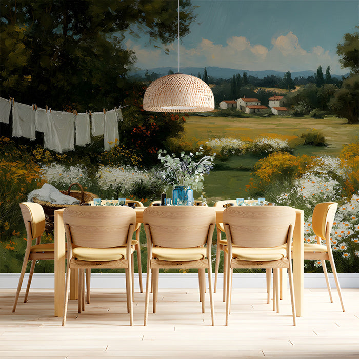 Artistic meadow scene mural installed in a cozy home study with natural light