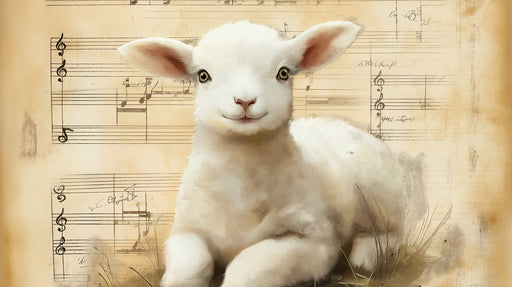 A white lamb resting against a background of vintage, aged parchment paper printed with black classical musical notation.
