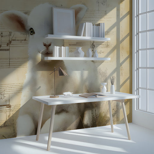 A decorative living room wall featuring the artistic lamb mural as a central focal point behind a cream sofa.