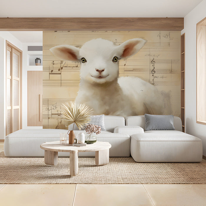 A cozy nursery featuring the vintage lamb and music score wallpaper behind a wooden crib.