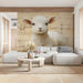 A cozy nursery featuring the vintage lamb and music score wallpaper behind a wooden crib.