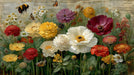 Floral botanical mural with red, white, yellow flowers, butterflies, and vintage handwriting on a neutral background