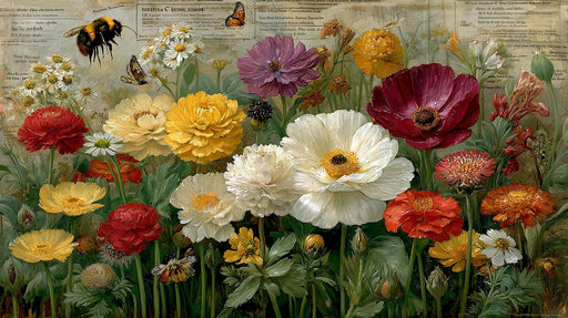 Floral botanical mural with red, white, yellow flowers, butterflies, and vintage handwriting on a neutral background