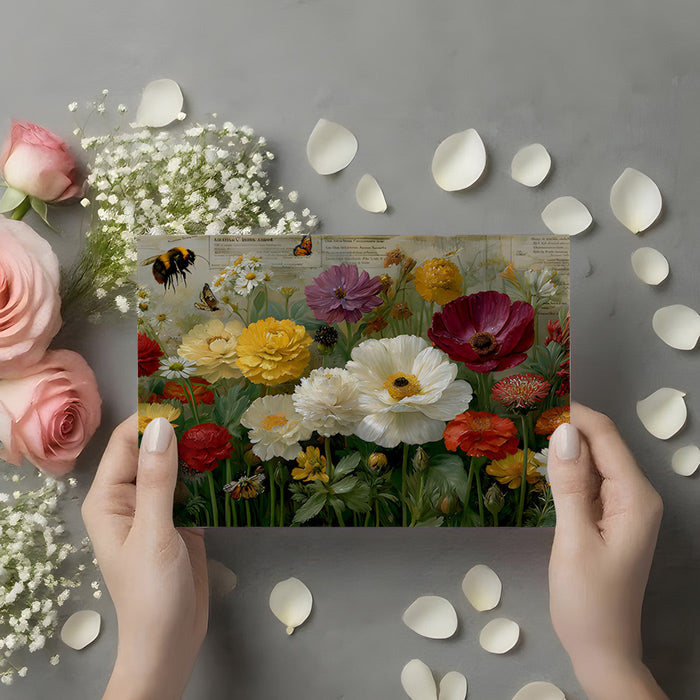 Vintage garden mural backdrop in a bright, modern living room with velvet seating