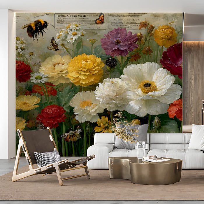 Botanical art wallpaper as a feature wall in a sunlit bedroom with brass accents