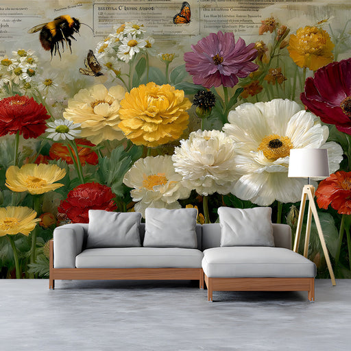 Floral study wallpaper installed in a cozy home library with wood shelves
