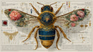 A vintage-style scientific illustration of a large bee with gold-inked details and pink floral wings, set against a blueprint background.