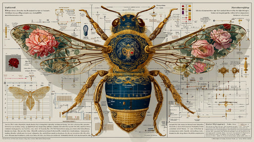 A vintage-style scientific illustration of a large bee with gold-inked details and pink floral wings, set against a blueprint background.