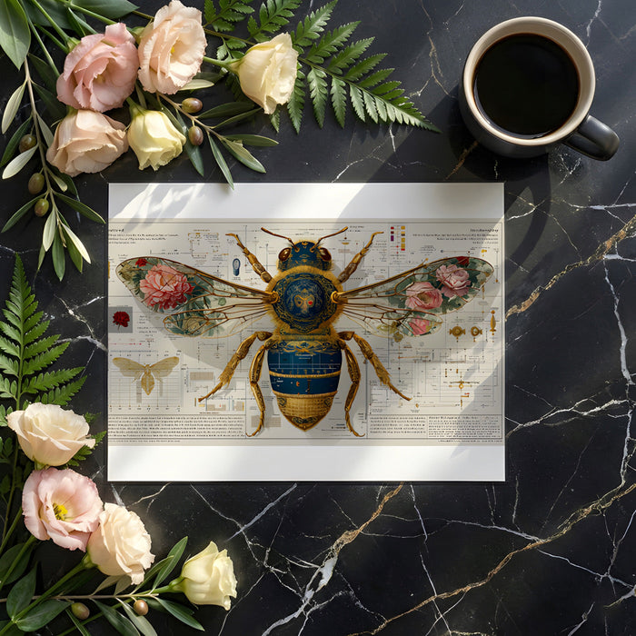 A creative home office space with the bee and botanical blueprint mural creating an academic, inspiring vibe.
