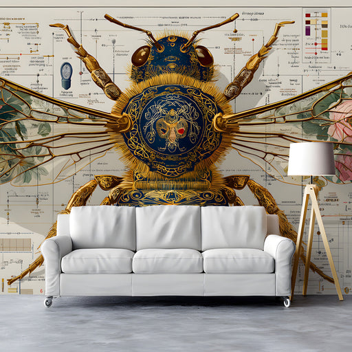 A sophisticated reading nook styled with the vintage scientific bee pattern on the feature wall.