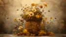 Floral wallpaper mural with a honeycomb hive, daisies, ochre yellow blooms, and honeybees against a sepia plaster wall.