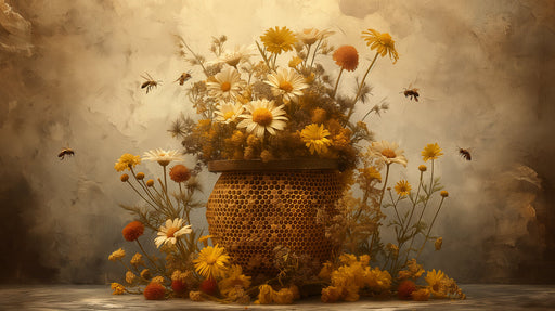 Floral wallpaper mural with a honeycomb hive, daisies, ochre yellow blooms, and honeybees against a sepia plaster wall.