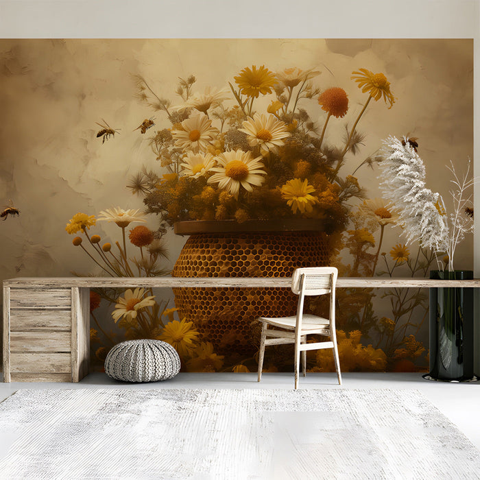 A sunroom interior with the honeybee and daisy wall mural creating a natural, warm garden aesthetic.