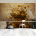 A sunroom interior with the honeybee and daisy wall mural creating a natural, warm garden aesthetic.