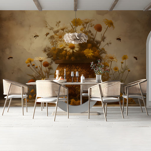 A bright dining room featuring the honeybee floral wallpaper on a feature wall with natural wooden furniture.