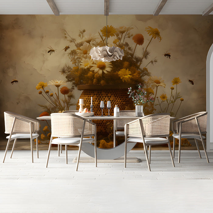 A bright dining room featuring the honeybee floral wallpaper on a feature wall with natural wooden furniture.