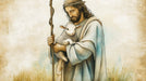 The Good Shepherd wallpaper pattern with a man holding a lamb in soft ochre and parchment oil painting style