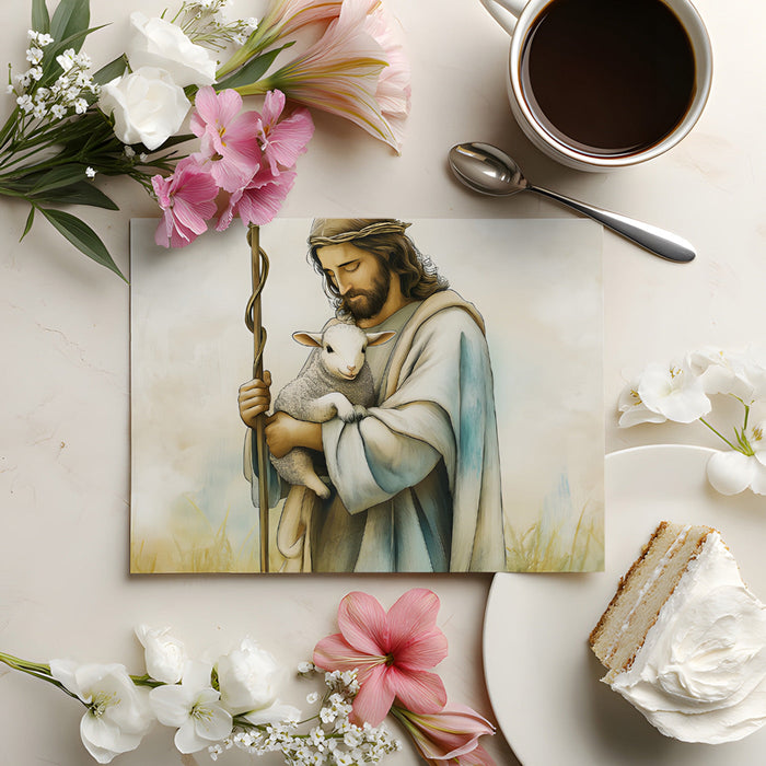 A quiet bedroom area with religious wall art providing a calm focal point near a bed