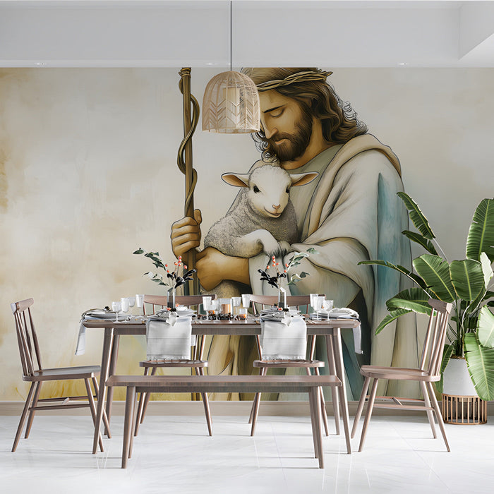 A peaceful library or reading room with the Good Shepherd mural creating a traditional artistic atmosphere