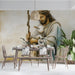 A peaceful library or reading room with the Good Shepherd mural creating a traditional artistic atmosphere