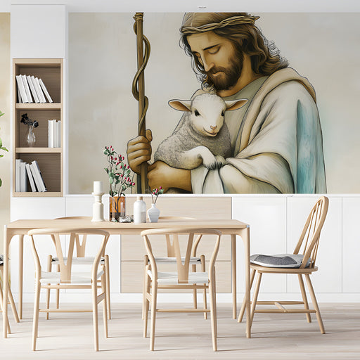 A cozy study room featuring The Good Shepherd mural wallpaper on a feature wall behind a wooden desk
