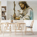 A cozy study room featuring The Good Shepherd mural wallpaper on a feature wall behind a wooden desk