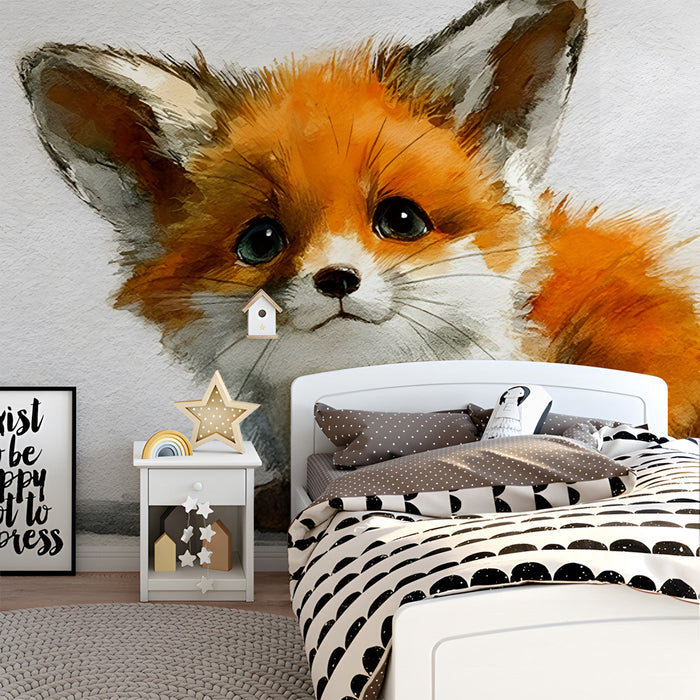 A calm reading nook featuring the watercolor fox mural above a plush velvet armchair.