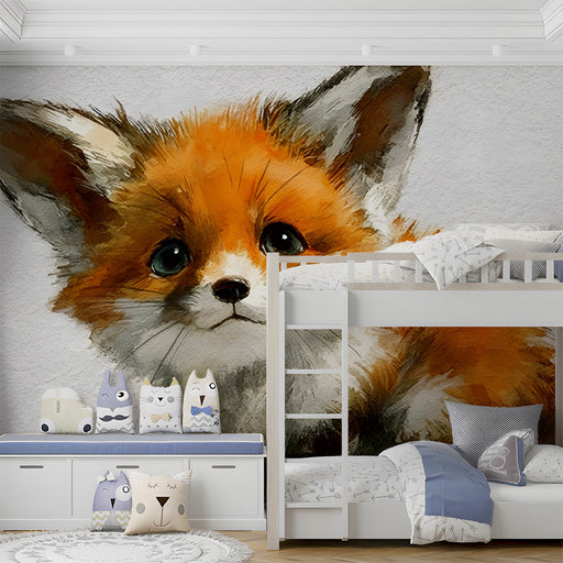 A cozy nursery room featuring the baby fox mural on a main wall with soft wooden furniture.