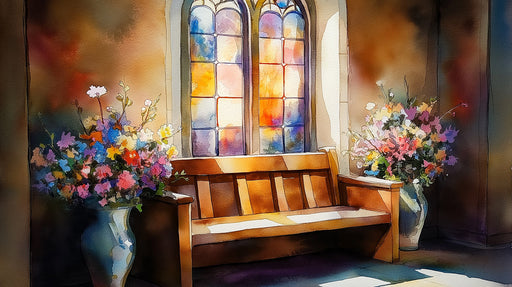 Watercolor mural wallpaper featuring a stained glass window with colorful floral bouquets in urns and warm ambient light.