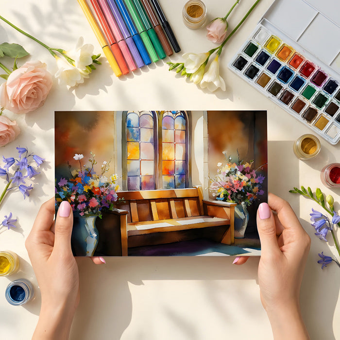 Living room interior showing a vibrant floral stained glass mural on a feature wall.