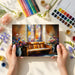 Living room interior showing a vibrant floral stained glass mural on a feature wall.