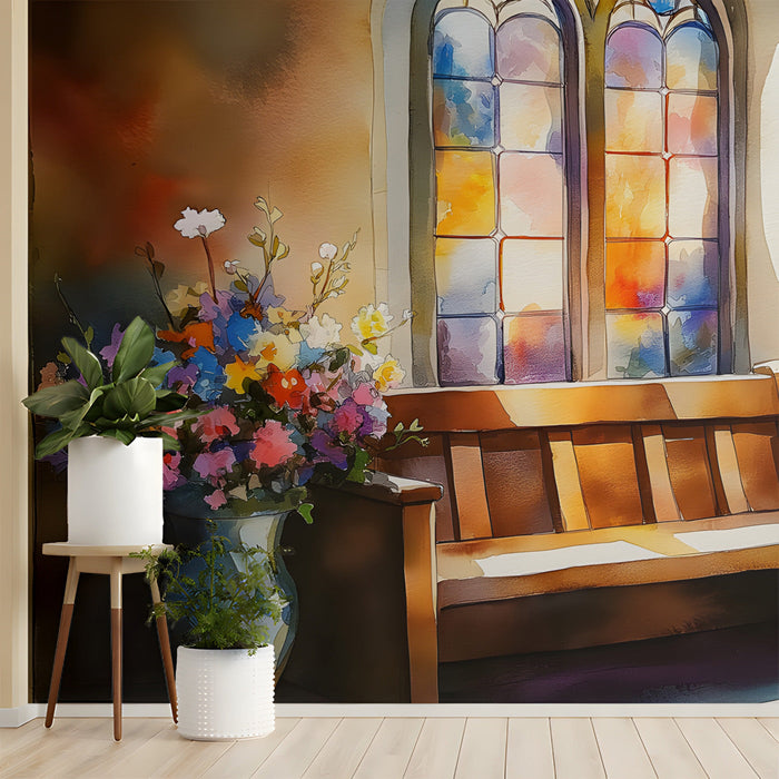 A cozy reading nook features the stained glass floral mural as a backdrop behind a wooden bench.